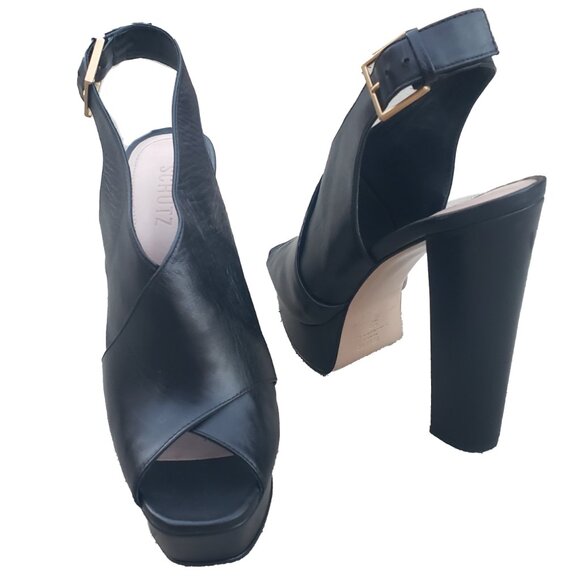 Schutz Priscila Slingback Sandals Black Napa Leather Platform 8.5 - Picture 1 of 9